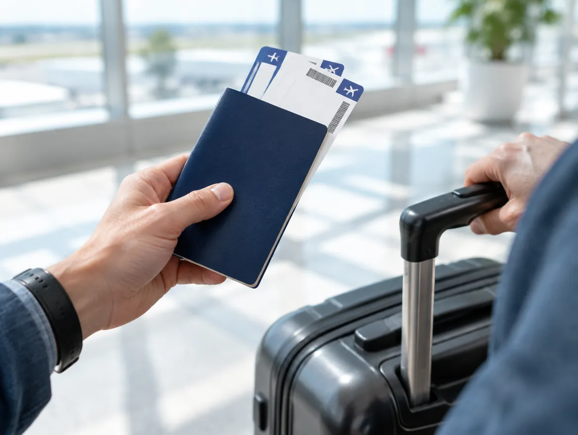Viajero con pasaporte y billetes junto a su maleta
